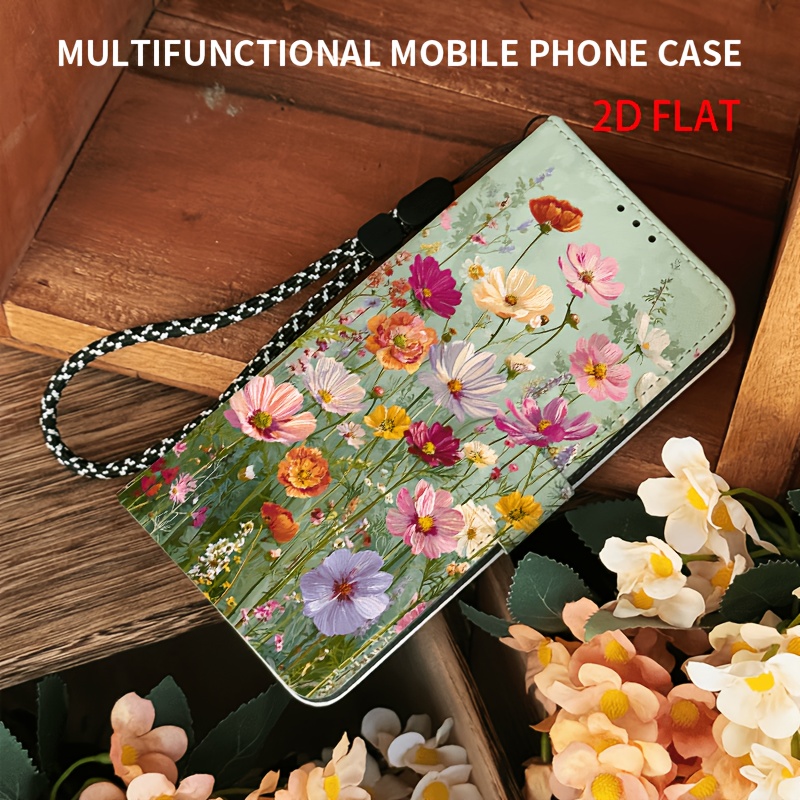 TEMU Phone Case: 2d Flat Floral Pattern Wallet Phone Case - Magnetic Flip Cover, Card Slot Stand, Shockproof Protective Cover, Suitable For Galaxy