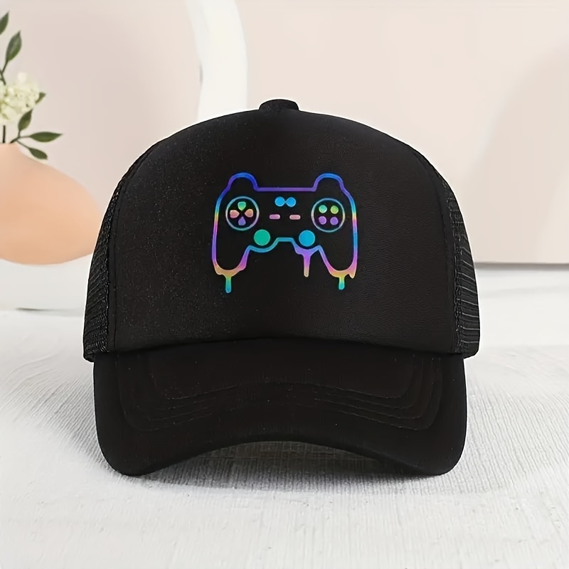 

Kids Adjustable Game Controller Baseball Cap, Casual Uv Protection Mesh Trucker Hat With Colorful Gamepad Design, For Outdoor Sports