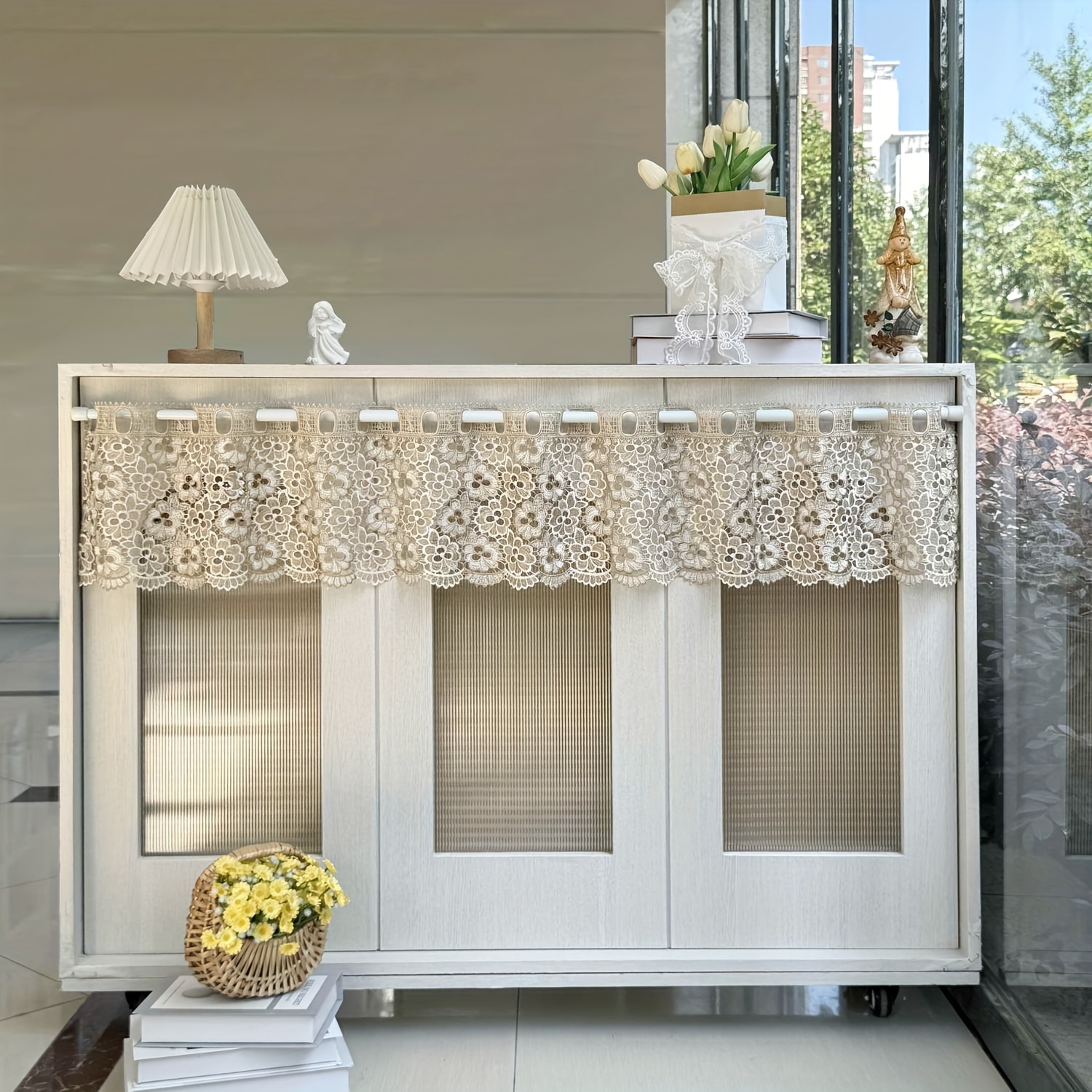 E-shop 1 Panel Luxus Kurzvorhang für Küche, Bestickte Blumenmuster, Leichter Schleier, Lichtfilternd, Badezimmer, Café, Halbvorhang, Vintage,