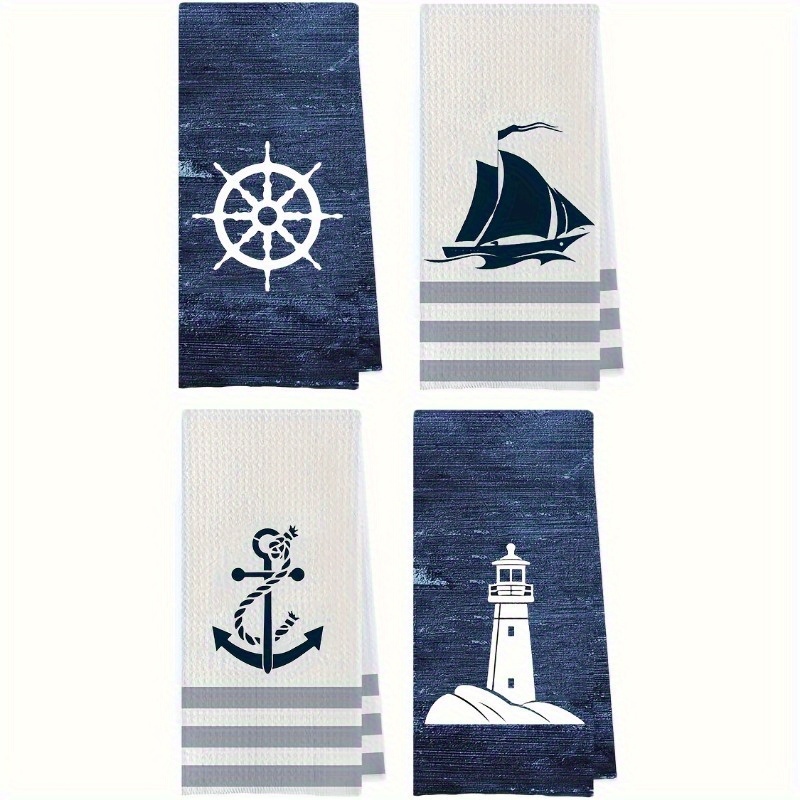 Image of 4pcs Nautical Style Hand Towels - Quick-dry Microfiber, Soft And Absorbent, , With Sailboat, Anchor And , Coastal Bathroom Decor, White Striped Trim, , Maritime Decor