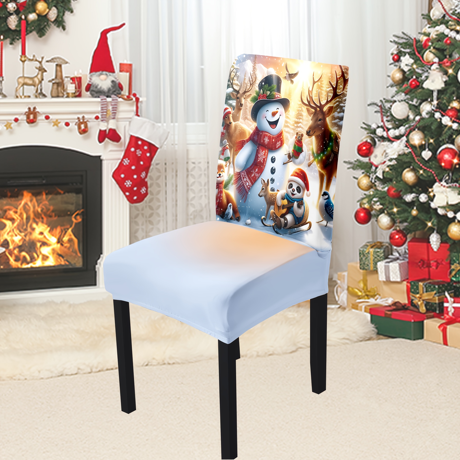 

Open; 4pcs/6pcs Christmas Cute Snowman Elk Chair Cover, Fabric, Suitable For Indoor Decoration; Beautiful, Dust-proof And Stain-resistant, Used Repeatedly