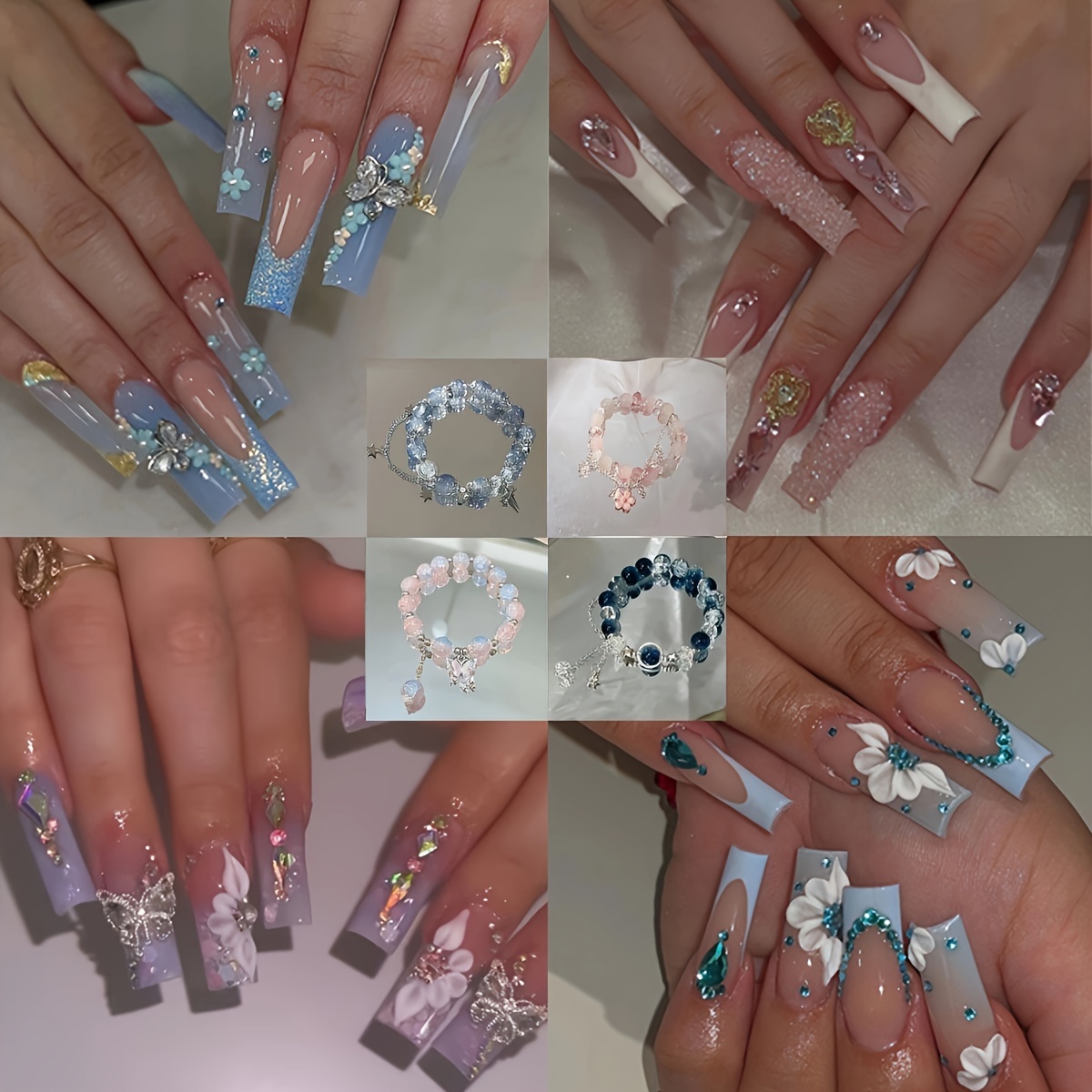TEMU (100pcs) 4pack Glossy Long Ballerina Fake Nails And 4pcs Bracelet Blue Gradient Press On Nails With 3d Flower Design Beads Bangle Sparkling Full