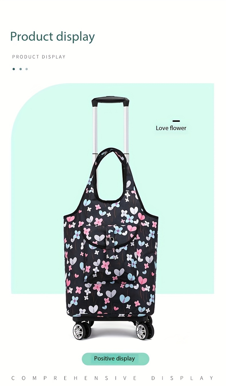 1pc Elegant Heart & Floral Pattern Foldable Shopping Cart with Telescopic Aluminum Handle – Portable 4-Wheel Rolling Grocery & Camping Cart, Black with Blue & Pink Hearts, Hand Wash Only, Travel Storage Cart | Elegant Pattern Design | Durable Fabric Cart