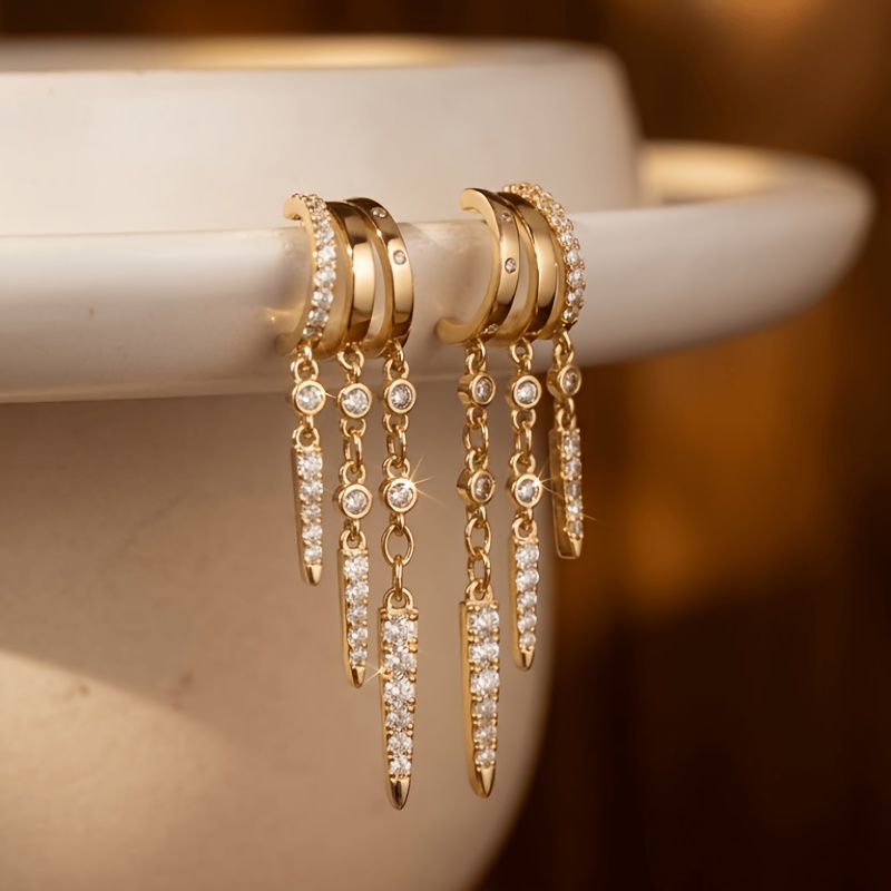 TEMU Luxurious Shimmering Composite Square Zirconia Long Tassel Ear Hoop, 3 Of Pointed Cone Pendant Earrings, Women's Party Fashion Jewelry