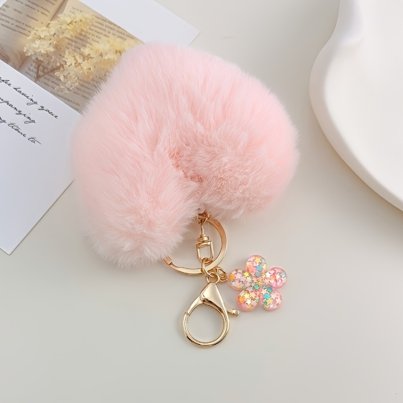 TEMU Porte-clés en peluche et de cœur, porte-clés avec breloque de fleur à paillettes scintillantes, joli accessoire de décoration de sac à main en
