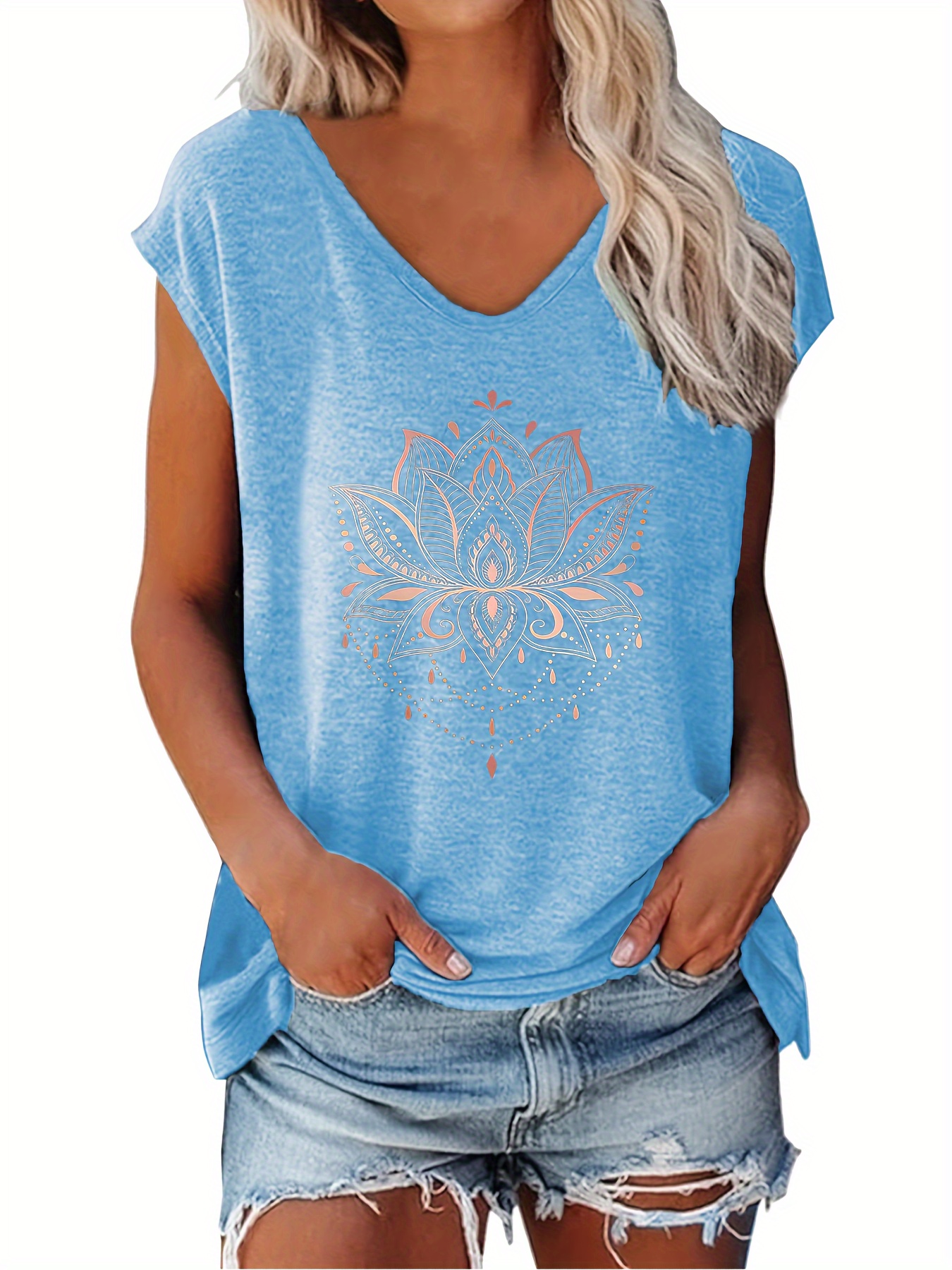 Lotus Print V-neck T-Shirt, Casual Cap Sleeve T-Shirt For Spring & Summer, Women's Clothing