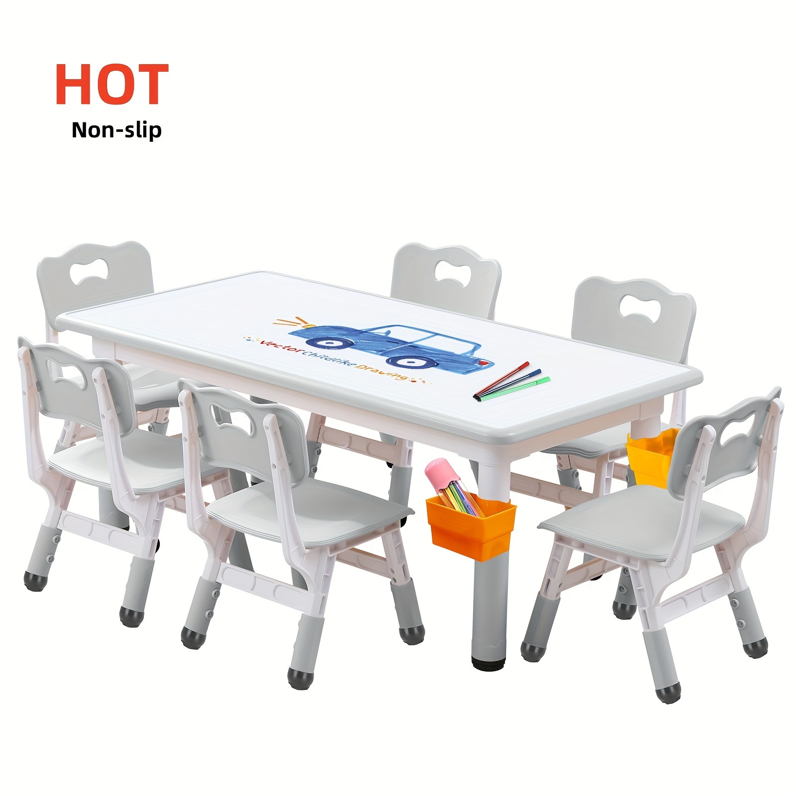 

Toddler Table And Chair Set, Kids Table And Chair, Organizer, &non-slip, 6 Chairs&height Adjustable, Graffiti Desktop, Suitable For Ages 3-12, Whiteboard Grey