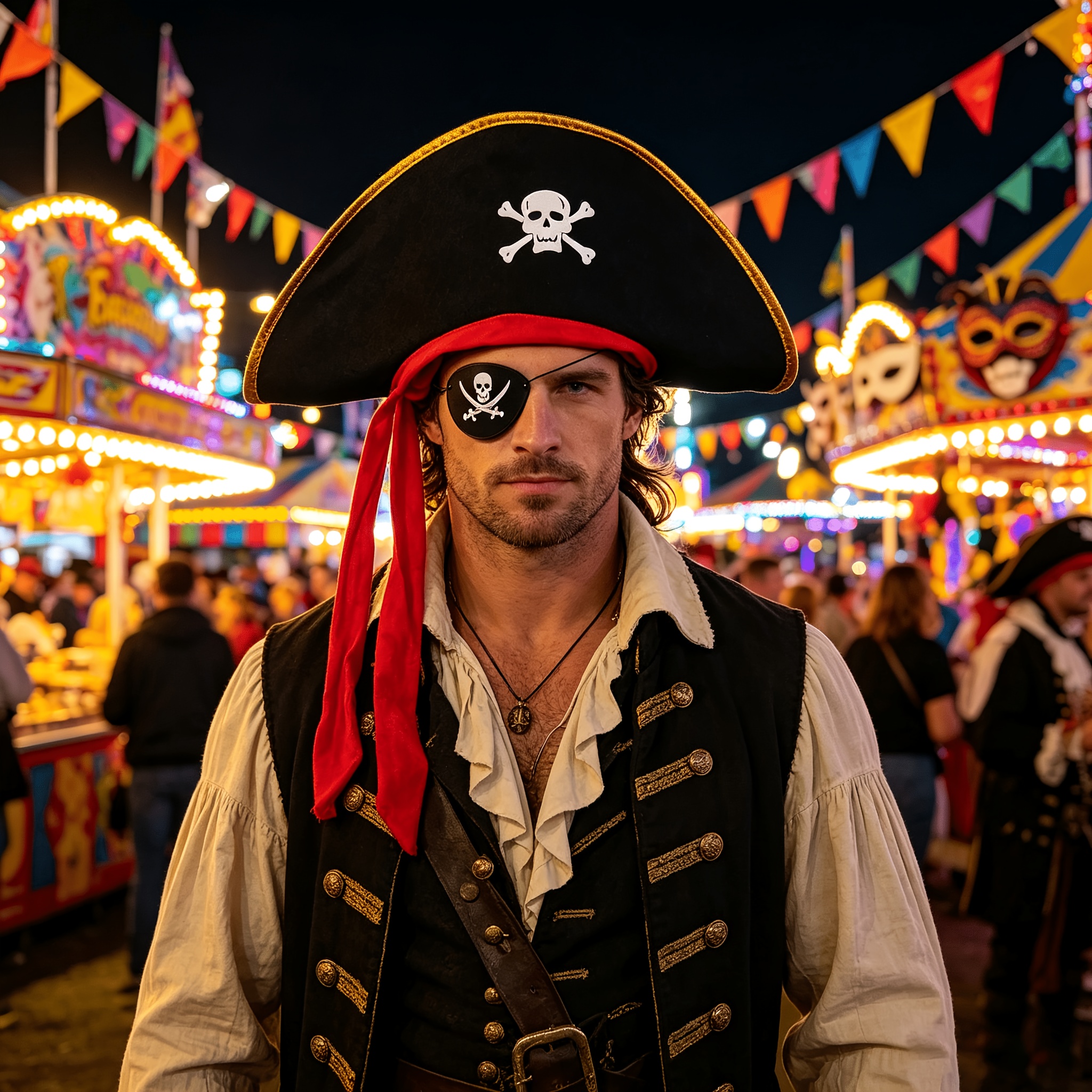 Pirate Tricorne Hat and Eye Patch Set, Gold-Trimmed Captain Hat