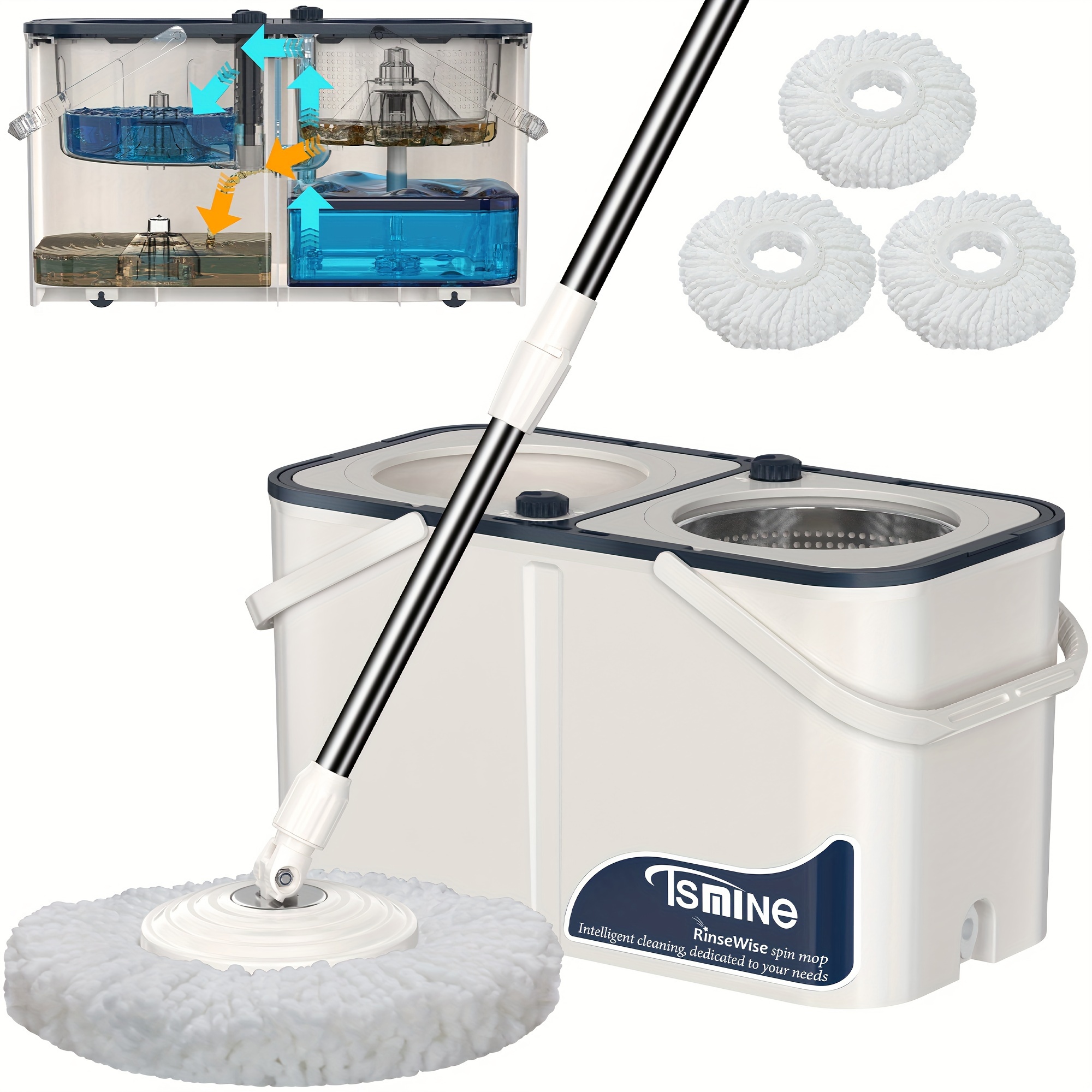 

4-chamber Spin Mop Separate Clean And , 360 Mop And Bucket With Wringer Set, Hardwood Floor Mop Household Cleaning Tools, Use Mop With 3 Replacement Mop Heads Refills, 62" Extended Handle, 4x Wheel