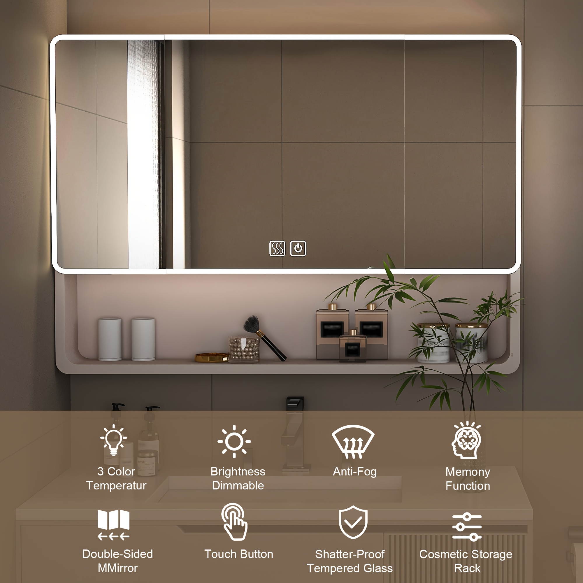 TEMU Legend Stone 35"x 28" Aluminum Bathroom Mirror Cabinet With And Defogging, Wall-mounted Vanity Mirror With Cosmetic Storage Rack And Hair Dryer Holder, Khaki