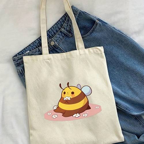 bee picking flower sticker canvas shoulder bag large capacity multi functional travel bag with cartoon design leisure activities and as a handbag