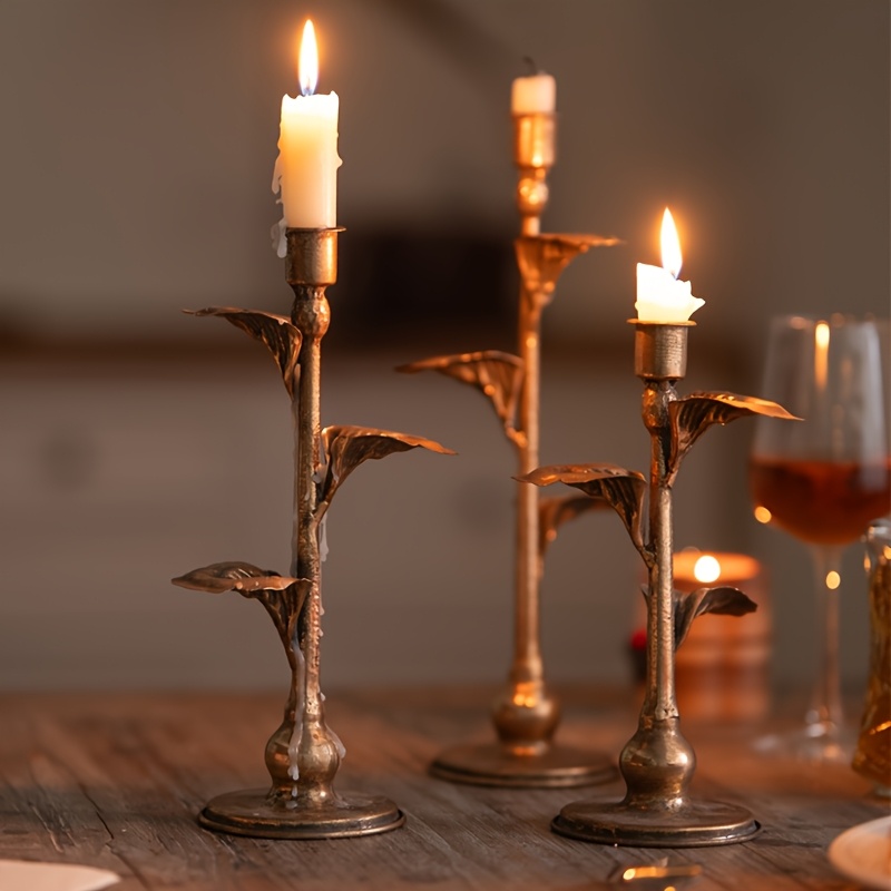 Set of 3 Vintage French Rustic Metal Candle Holders, Decorative Antique Rose Design Candlesticks, for Tabletop Decor, Christmas and Wedding Decorations