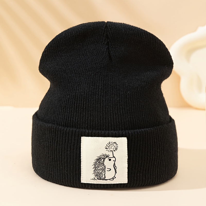 TEMU A Stylish Fabric-labeled Hedgehog Knit Hat, Unisex For Autumn And Winter, Holiday Party Hip-hop Beanie, Outdoor Casual Pullover Cap, Men's