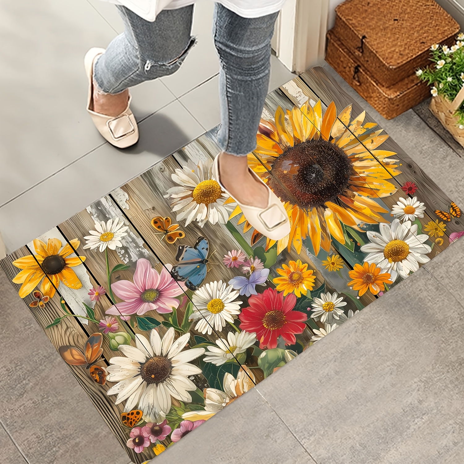 

Sunflower Floral Door Mat - Stain-resistant, Easy Clean Polyester Mat For Indoor/outdoor Entrance Decor, Low Pile, Machine Washable, Household, Dirt Resistant, 800 Grams Per