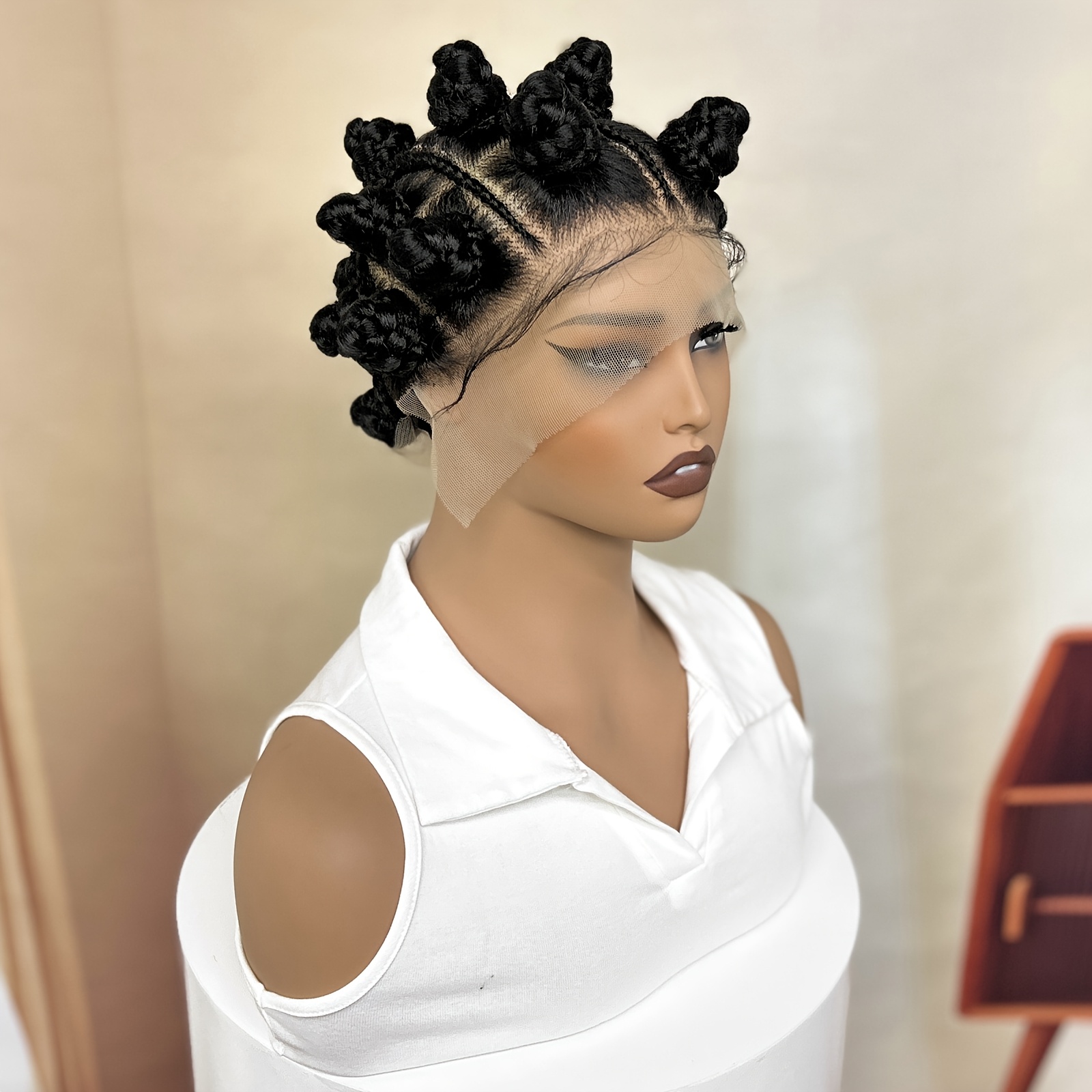 TEMU Stijlvolle Volledig Kant Gevlochten Pruik Geschikt voor Iedereen, Handgemaakt met een Cornrow Bantu Design, Gemaakt van Synthetische