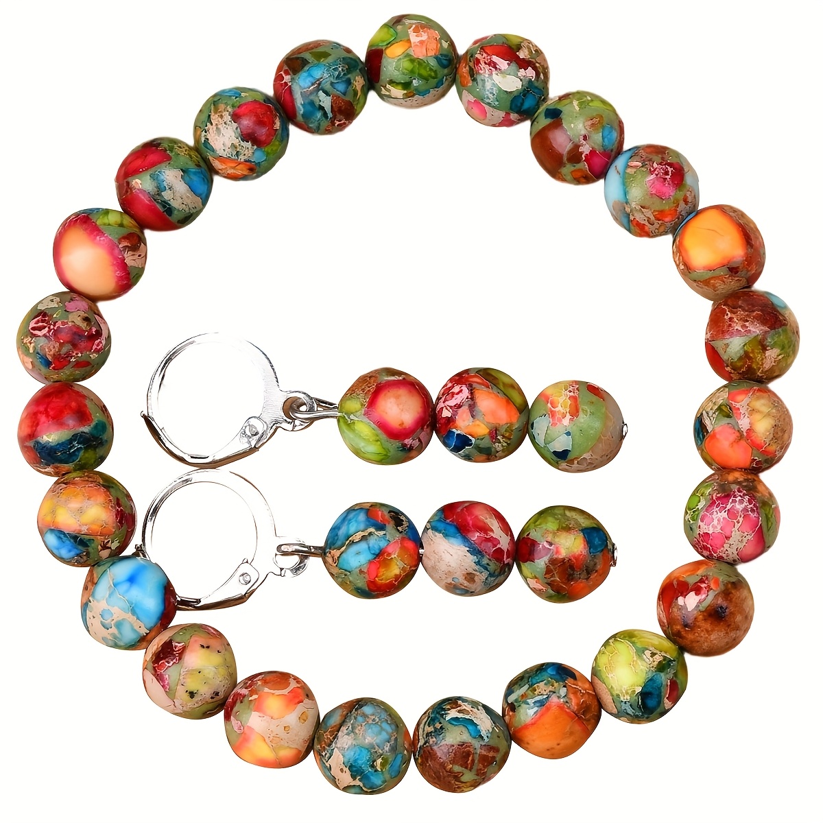 Image of Natural Stone Colorful Sea Sediment Jasper Bracelet Earrings Set With Card Bohemian Women's Fashion Handmade Jewelry