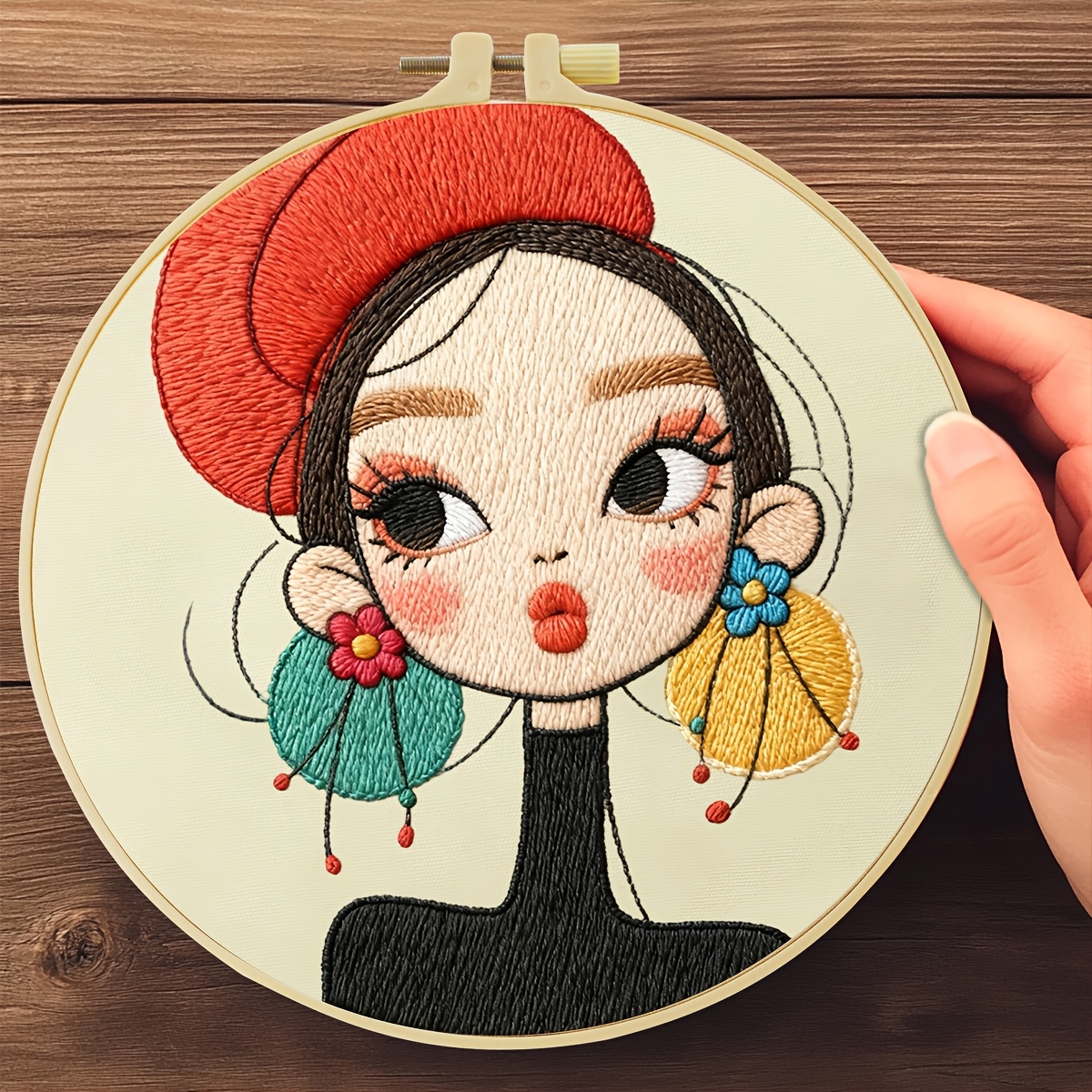 TEMU JOZYSH Juego completo de bordado DIY a para principiantes y adultos - Kits completos con temática de Ms. Pout con tela preimpresa, hilos, agujas