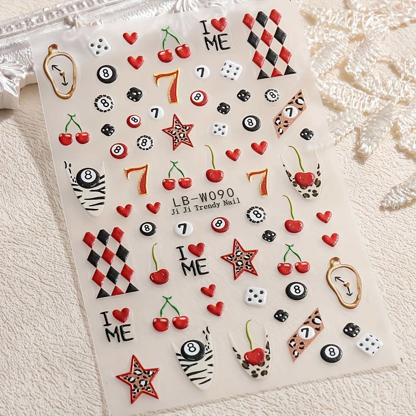 Billiards Dice Y2k Nail Art Stickers With , , Stars, Red And Black Checkers, Cherries, , Heart-shaped Cartoon Nail Art Creative Decorations, Trendy Designs For 2025, Self-adhesive Nail Stickers