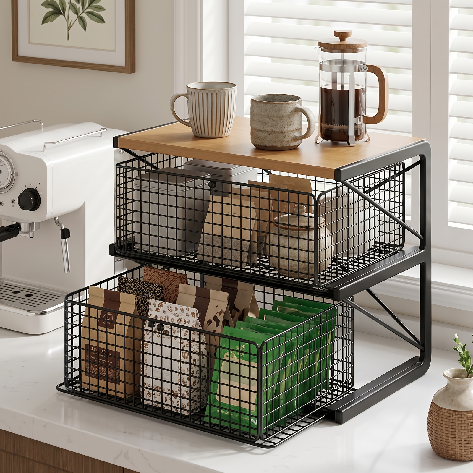 TEMU Organizzatore Estraibile per Mensole, Scomparti Portaoggetti, Organizer da Appoggio per Cucina con e Cesto in Rete, Stoccaggio Facile, Struttura