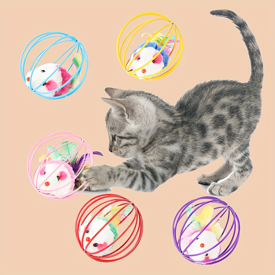 

Interactive Cat Toy Balls With Feather Mouse - Cartoon Pattern, Plush Material, Suitable For All Breed Sizes, Non-electric Uncharged Design Without Battery, Durable Steel Wire Cage For Fun & Exercise