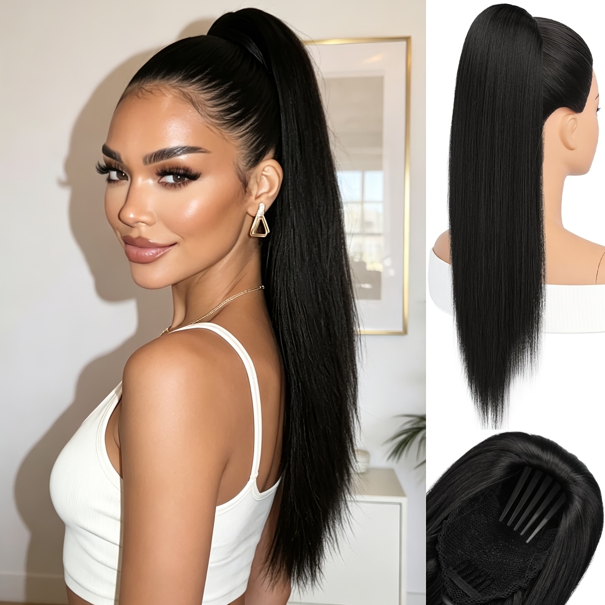 Image of Barsdar Straight Ponytail Hairpiece, 22inch Short Straight Ponytail With Comb And Drawstring Look Synthetic Cheer Ponytail Extension Party Cheer Competition