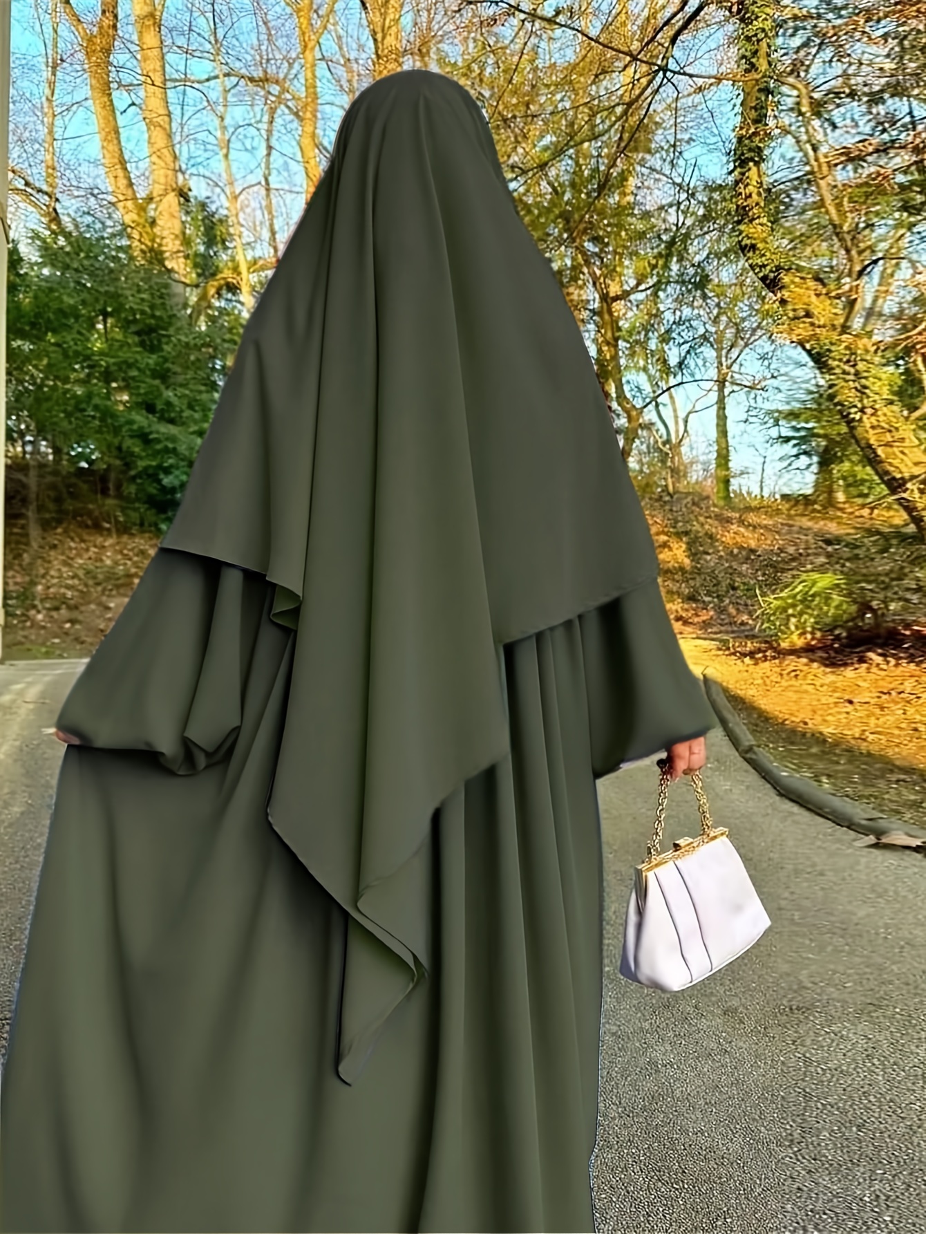   of Elegant, Double-Layered, Pleated, Comfortable, Breathable Solid Color Casual Loose   Prayer   – Versatile Muslim Khimar Hijab Dress