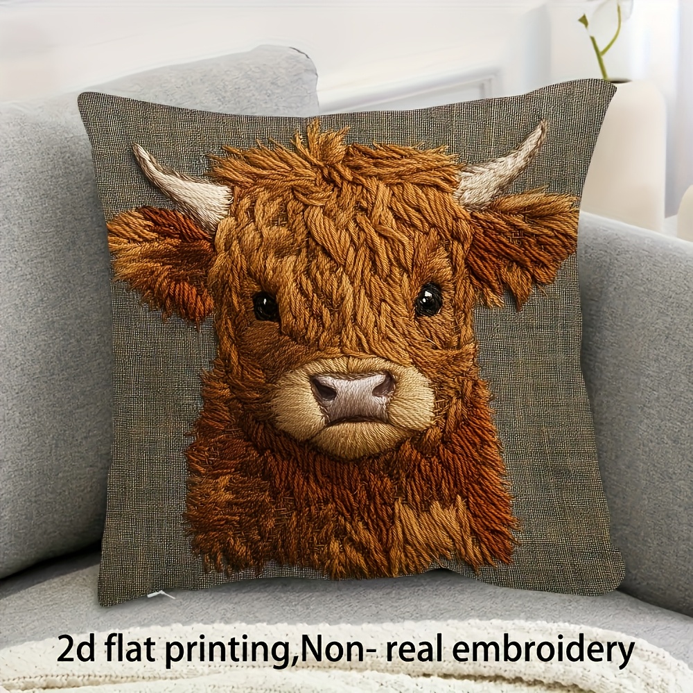 TEMU 1pc 18x18 Inch Short Plush Pillow Cover - Scottish Highland Calf 2d Flat Print, Non-embroidered Single-sided Design, Zipper Closure, Machine