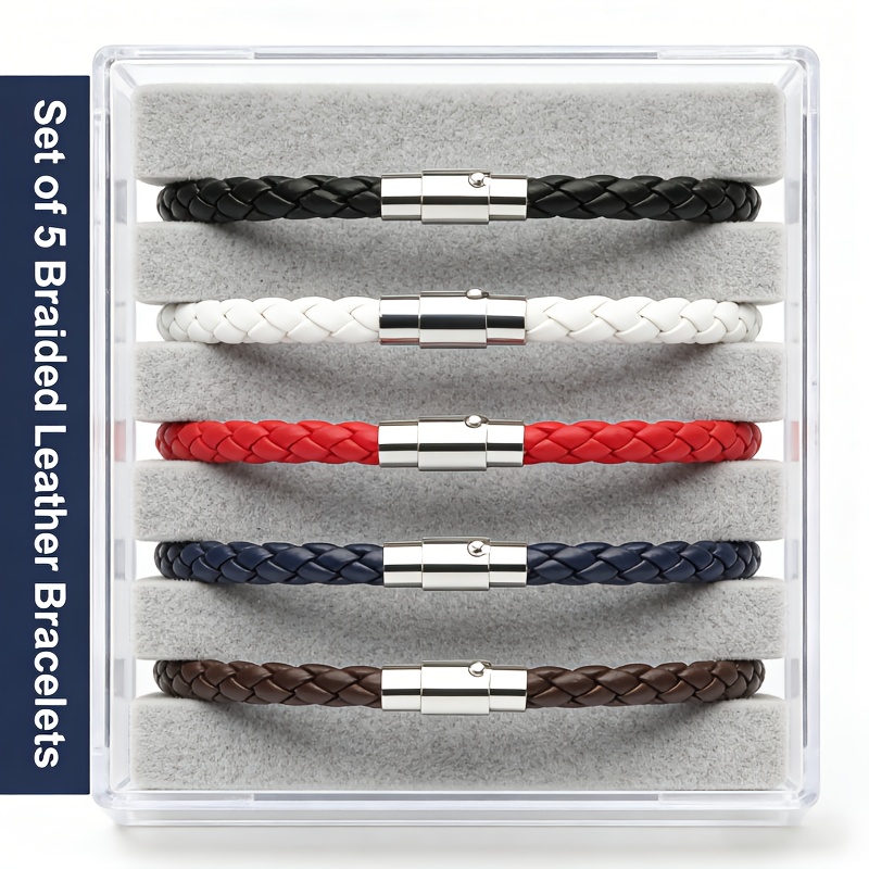 TEMU Pulsera tipo brazalete clásica de PU para hombre | Brazalete tejido de PU con cierre magnético, para hombre/mujer