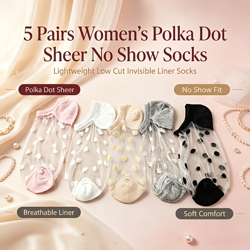 TEMU 5 Pairs Hantangyun Women's Polka Dot Sheer No Show Socks - Low Cut Invisible Breathable Liner Suitable For Flats, Casual Shoes, Casual Attire,