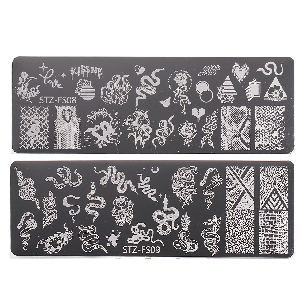 E-shop 2 Stück Nagelkunst Stempelplatten aus Edelstahl, Schlangen-Print Dunkle Schlangenrose Blume Blatt Bild Nagel Vorlage Schablone Werkzeug