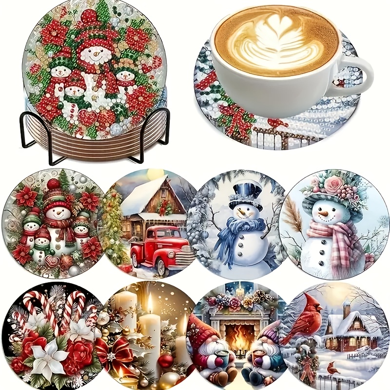 TEMU 8pcs Christmas Snowman Diamond Painting Set - Christmas Snowman Design, Non-slip Round Coasters, Suitable For Holiday Parties And Craft Gifts,