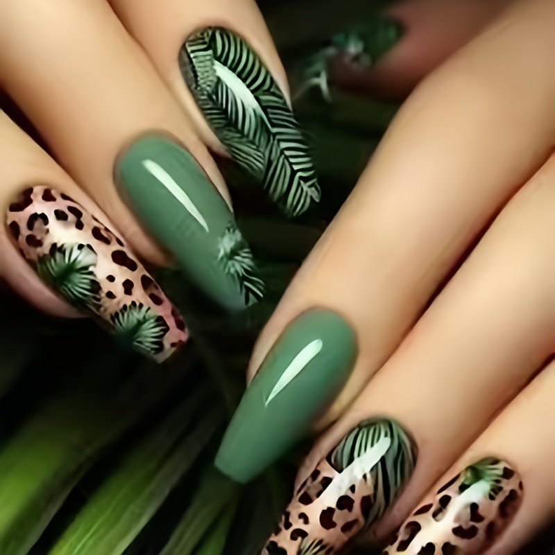 Cross-border European And American Popular Nail Stickers, Trending Elements: Green Leaves, Rose Leopard Print Pattern, Nail Water Decals Nailsticker