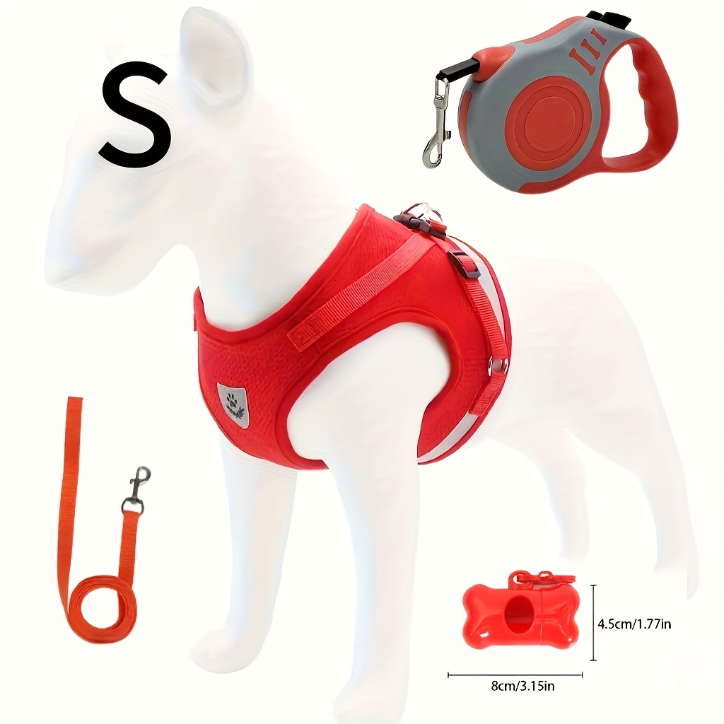 Harnais Ajustable et Respirant pour Chien et Chat avec Laisse Rétractable Automatique (5,0 mètres) et Distributeur de Sacs à Déjections - Gilet -Fuite Adapté aux Chiots, Chatons, Promenades en Extérieur - Système Laisse et Harnais, Lavable en Machine