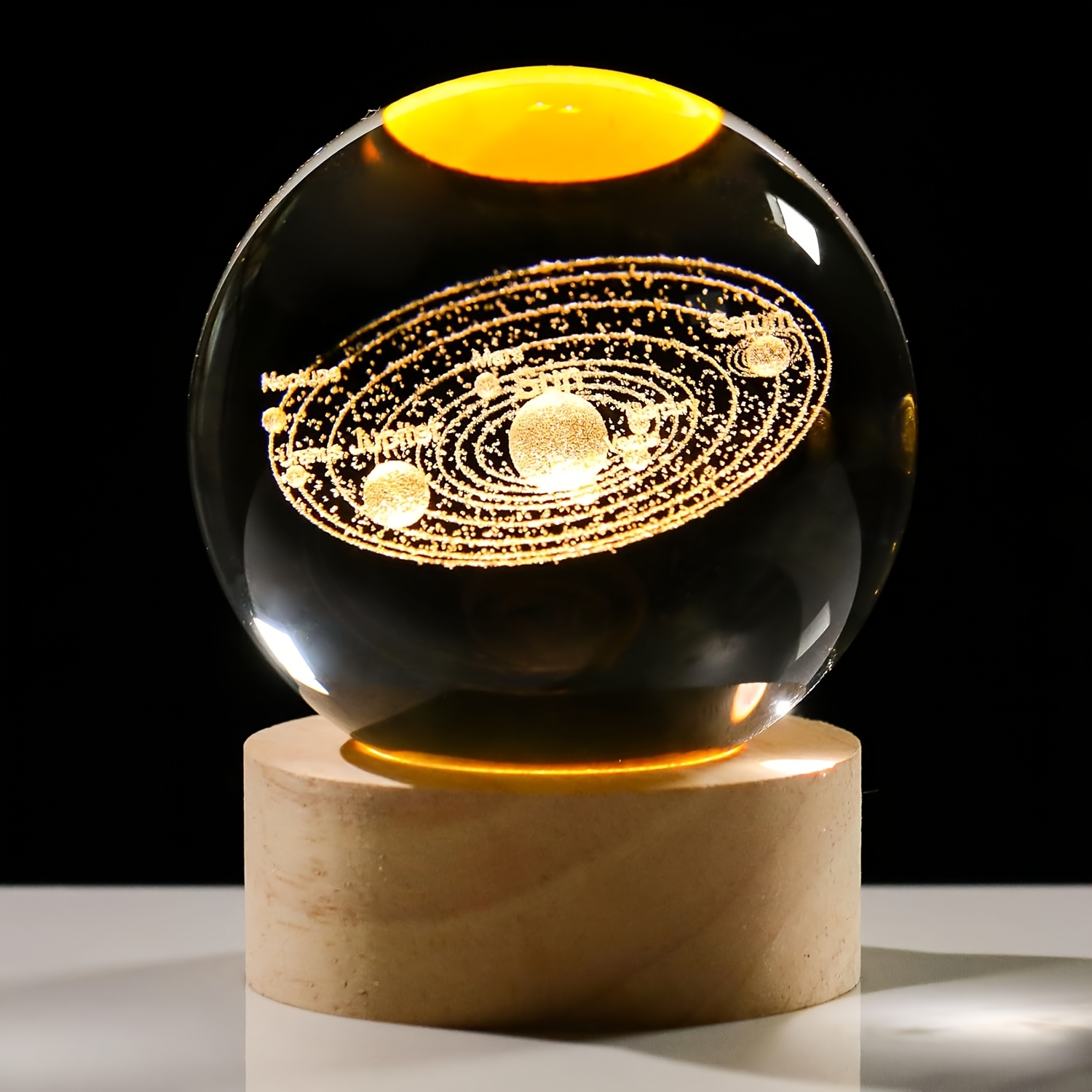 System Night Light And Gift, 6cm Laser Engraved Crystal Ball Collectible Figurine With Base, Astronomy Home Desk Decor For
