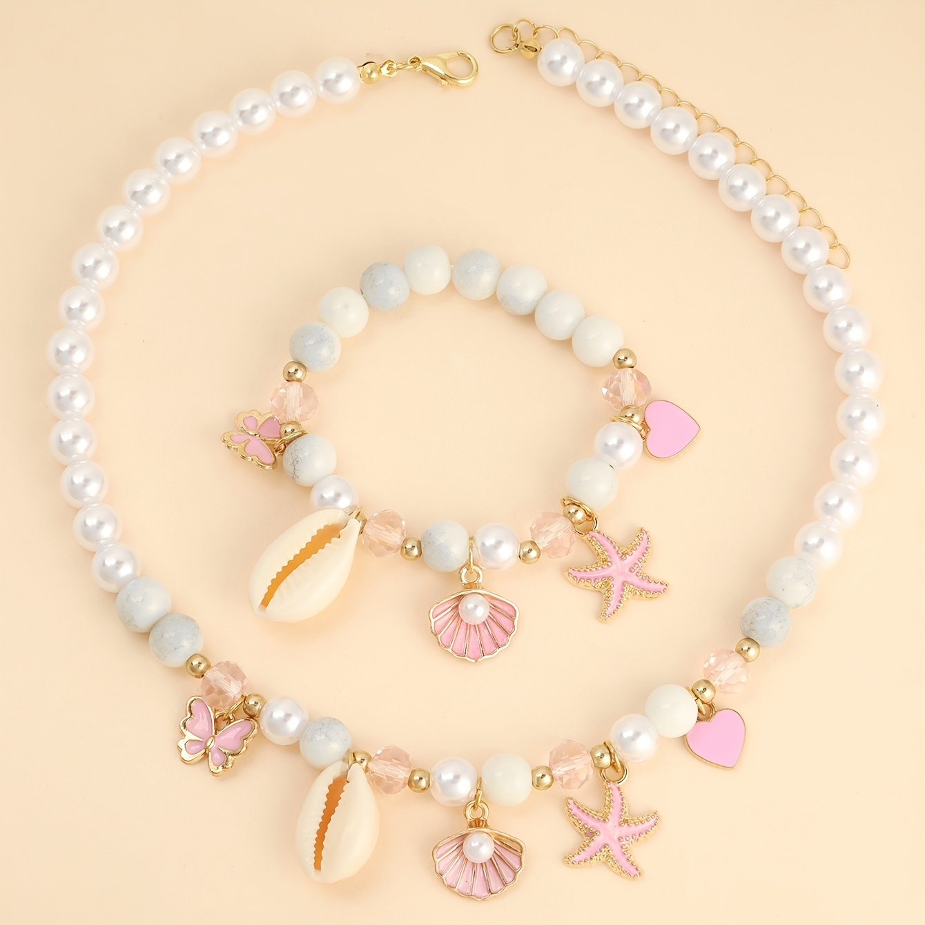 TEMU Ensemble de 2 pièces : Bracelet et collier doux et élégants perlés avec en résine, pendentifs étoile de mer rose et papillon cœur, adaptés pour