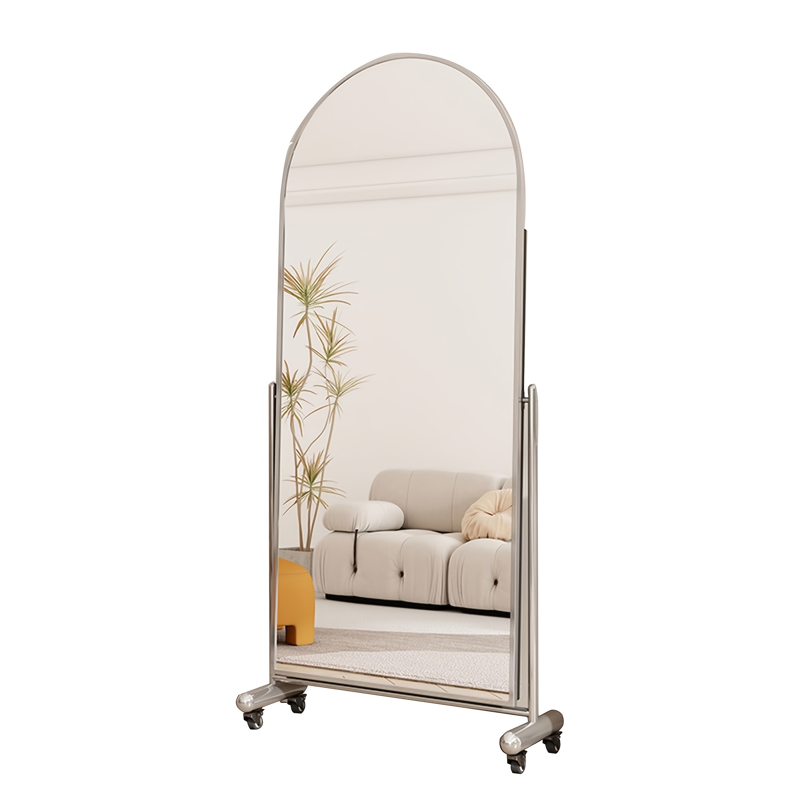 Image of Arched Full-length Mirror With Wheels, Large 65x22 Inch Silvery Metal Frame Floor Mirror, Hd Shatterproof Glass, Adjustable Dressing Mirror For Bedroom Studio, Modern Mobile Decorative Mirror