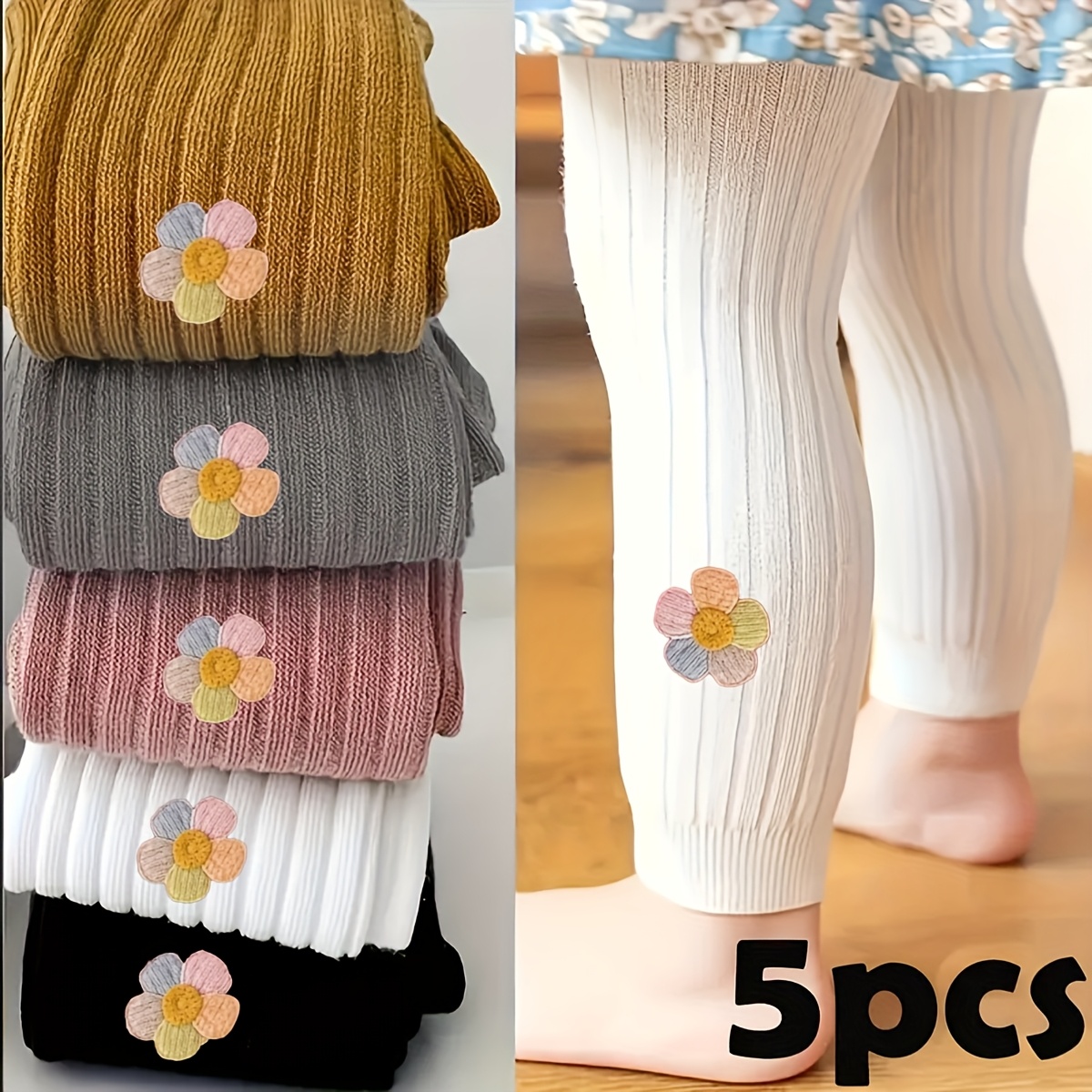 5-pack Girls' Striped Leggings With Colorful Floral Knit Decor, Perfect For Casual Attire