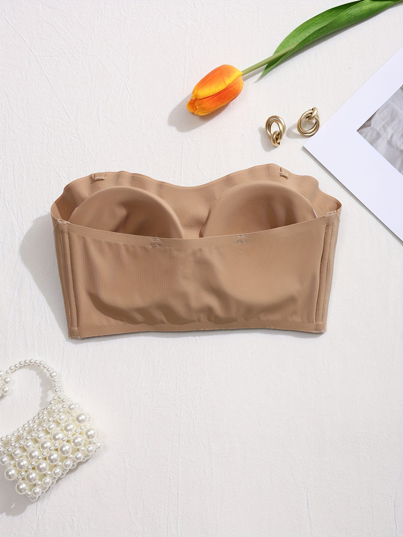 Elegant Solid Color Seamless Strapless Bralette - Removable Pads, Wireless, No Underwire, Adult Size, Stylish Beige with Crystal Detail, Perfect for Everyday Comfort, Comfort Bra|Seamless Bralette|Wireless Bra