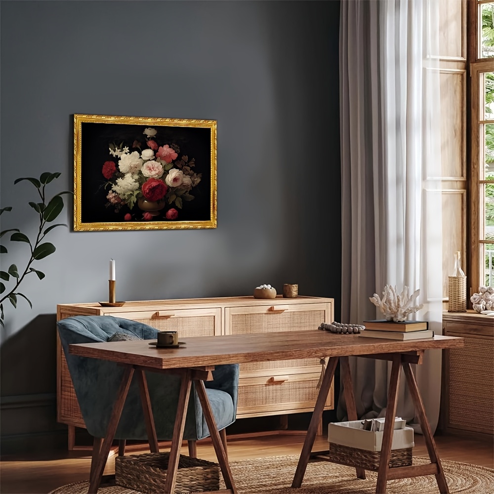 2d flat 1pc elegant   canvas art with   11 8x15 7 inch dark   roses peonies painting vintage inspired wall decor for living room framed canvas wall art