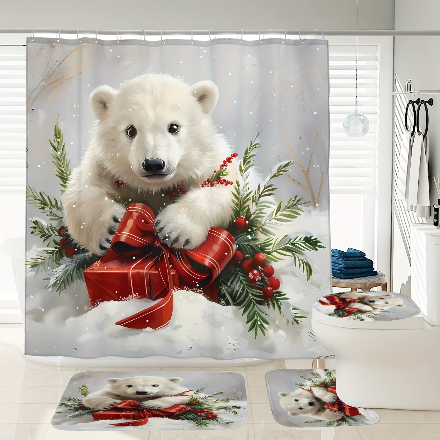 

Festive Christmas Polar Bear Shower Curtain Set With Toilet Seat Cover And Bath Mats - 72" X 72" - Forest Theme - Waterproof - 12 Plastic Hooks Included