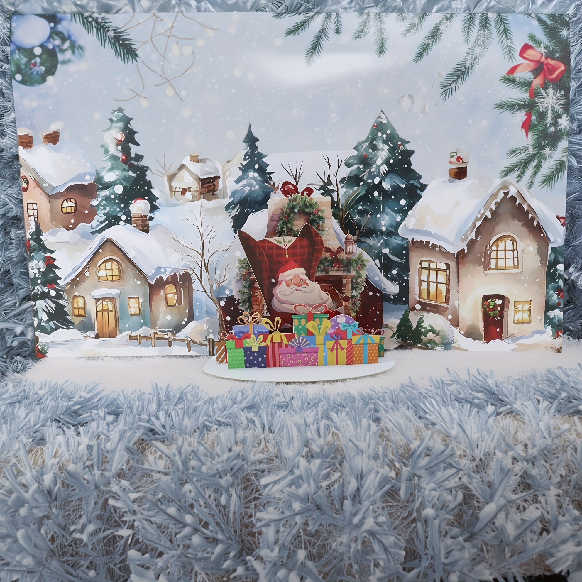 TEMU A Christmas -up Greeting Card Featuring A Snowy Scene, Designed With A Christmas And Santa Claus - " Gifts" Theme, Including An Envelope -
