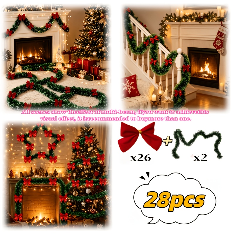 TEMU 2pcs Extra-long Luxurious Lifelike Artificial Pine Wreaths/red Bows*26=28pcs - Heavy-duty Plastic Evergreen Branches, Suitable For Christmas