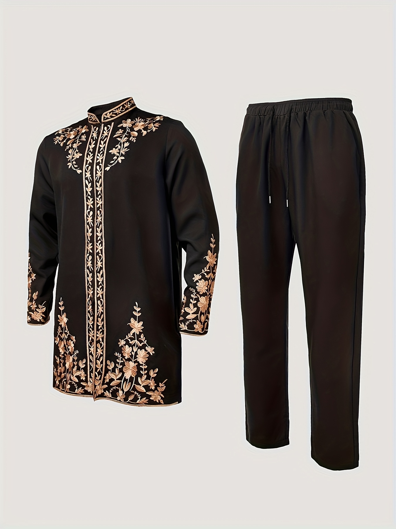 Men's Suit Set New for All Seasons, Long Sleeve, Stand Collar, Embroidered Pattern, Zipper Top + Drawstring Elastic Waist Pants 2pcs Set, Suitable for Daily Casual, Formal Occasions, Vacation, Dating, Wedding, Street Outings, Festival Celebrations