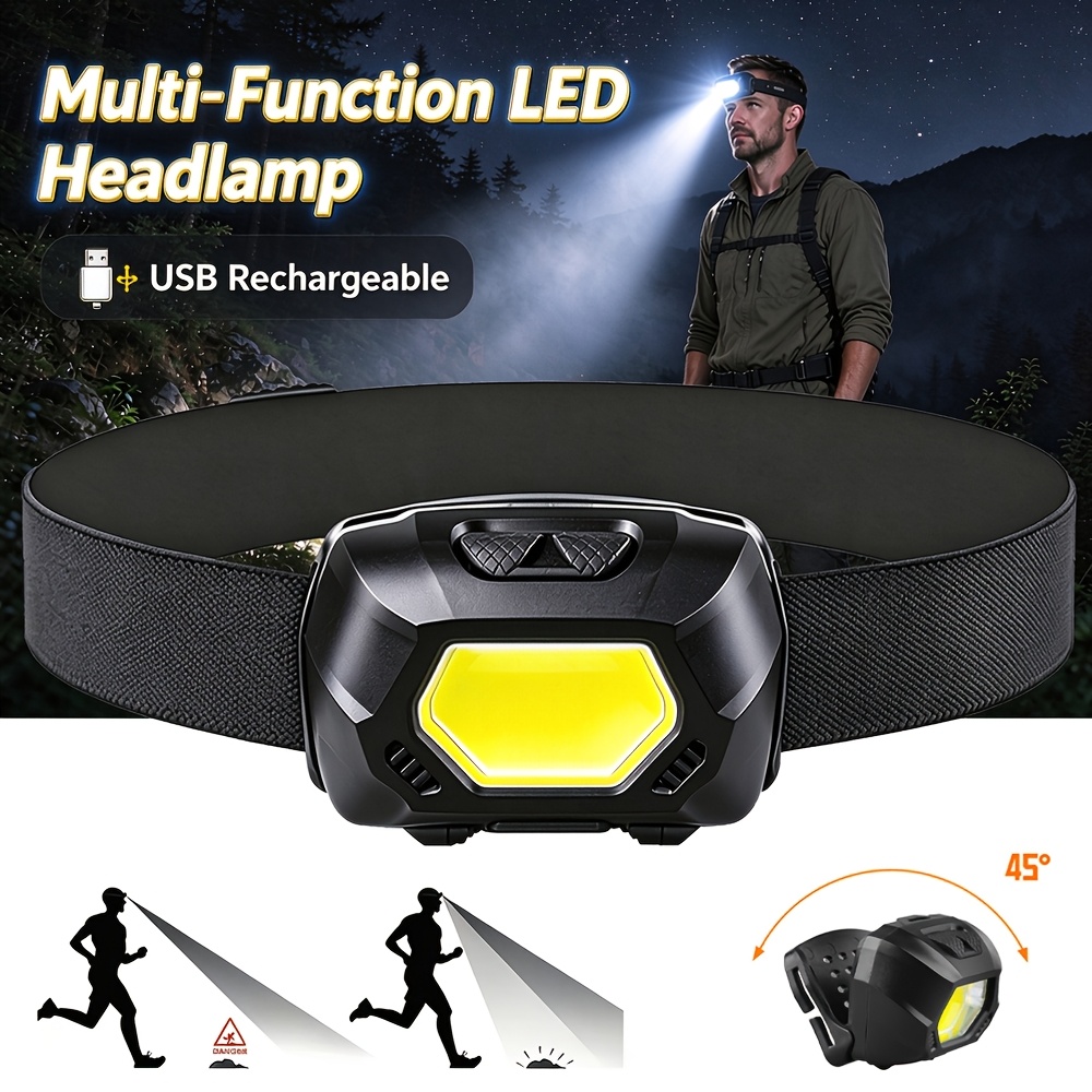 TEMU Rechargeable Multifunctional Cob And Flashlight, 45° Adjustable Headlamp, 5 Light Modes, Portable Headlamp, Ideal For Camping, Hiking, Running,
