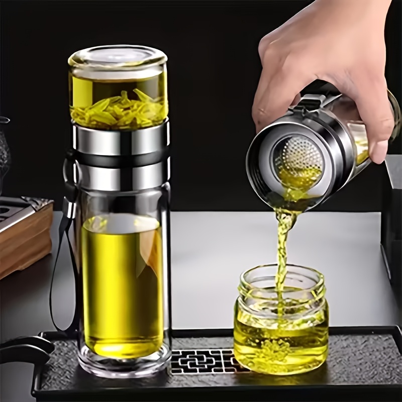 TEMU 6pcs Or 1-set - Easy-to-clean Glass Teacup Tea Set - Leak-proof Double-layer Waterproof Design, Can Hold Loose Tea Bags, Portable Glass Cup.