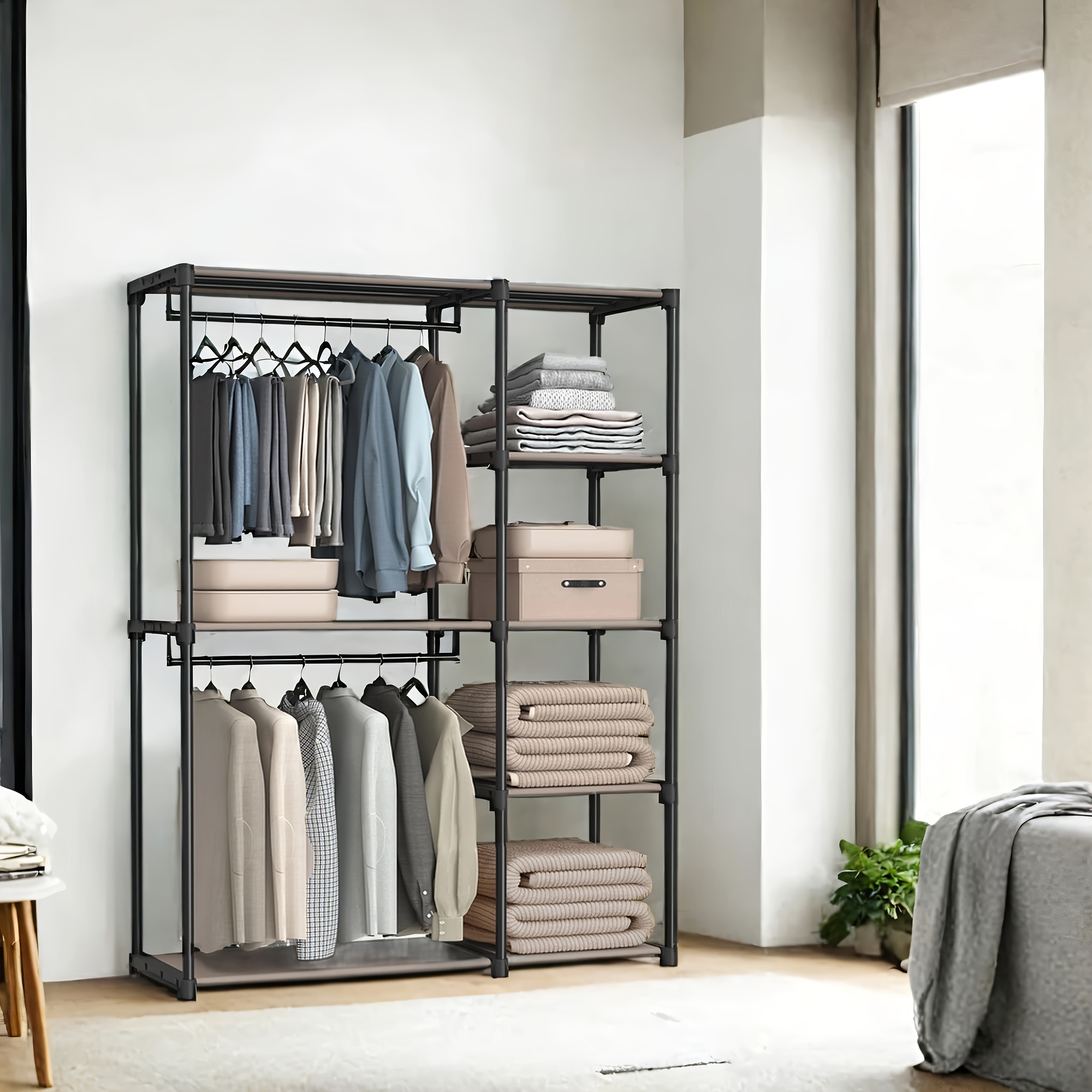 Closet Ajar, Garment Rack, Clothing Rail, Wardrobe, 2 Hanging Sections, Storage, Suitable For Bedroom Or Living Room, In Taupe Color, Portable Closets