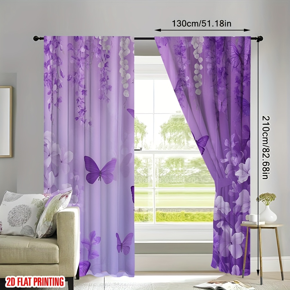 TEMU 2d Flat - 2d Flat - Set Of 2 2d Flat Printed Curtains Featuring Elegant Purple Butterflies And Floral Designs, Made From Digital Printed