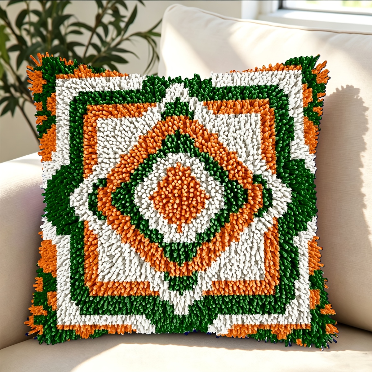 Latch Hook Kit Pillow Plant, Bohemian Style Printed Pattern