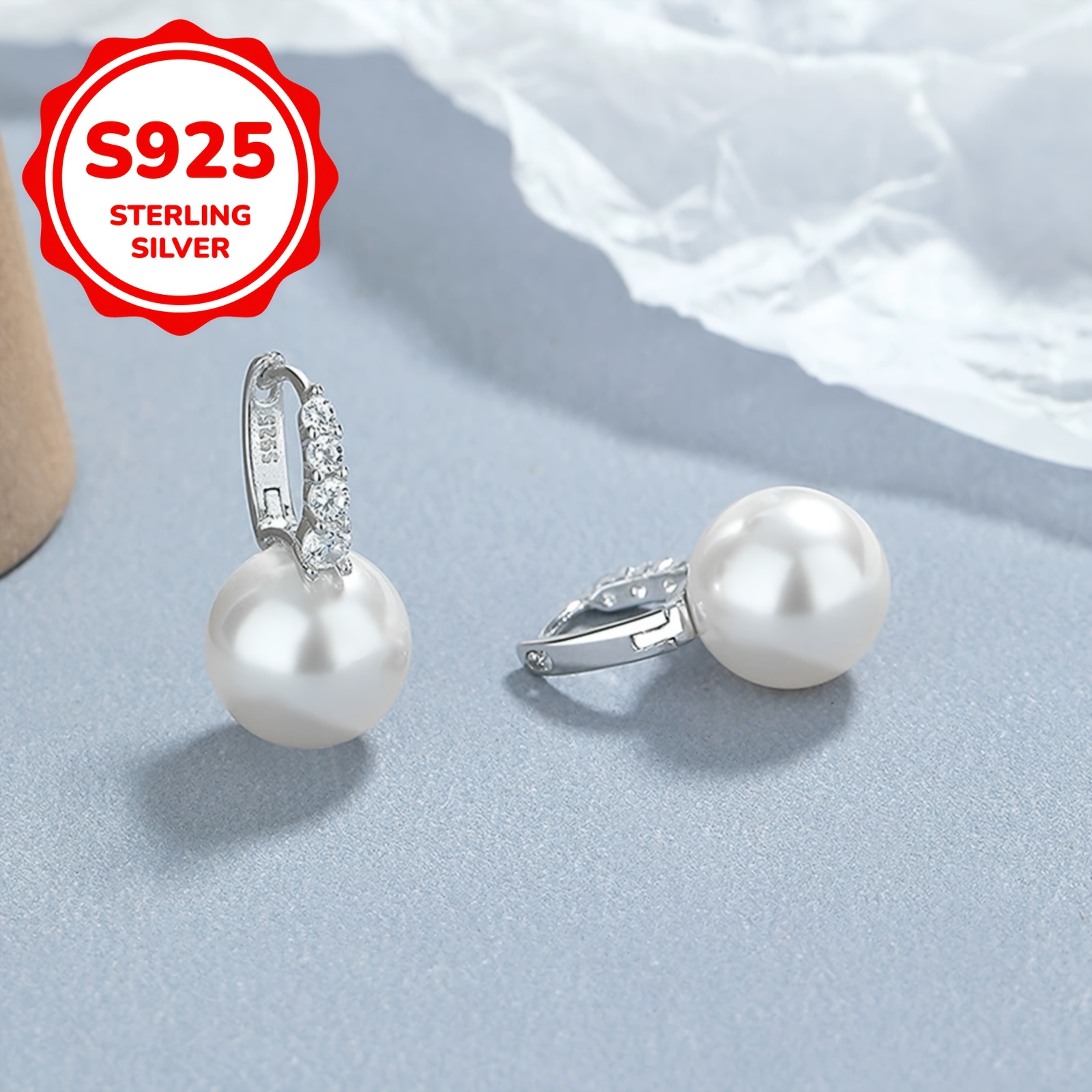 Women's 925 Silver Minimalist Imitation Pearl Hoop Earrings