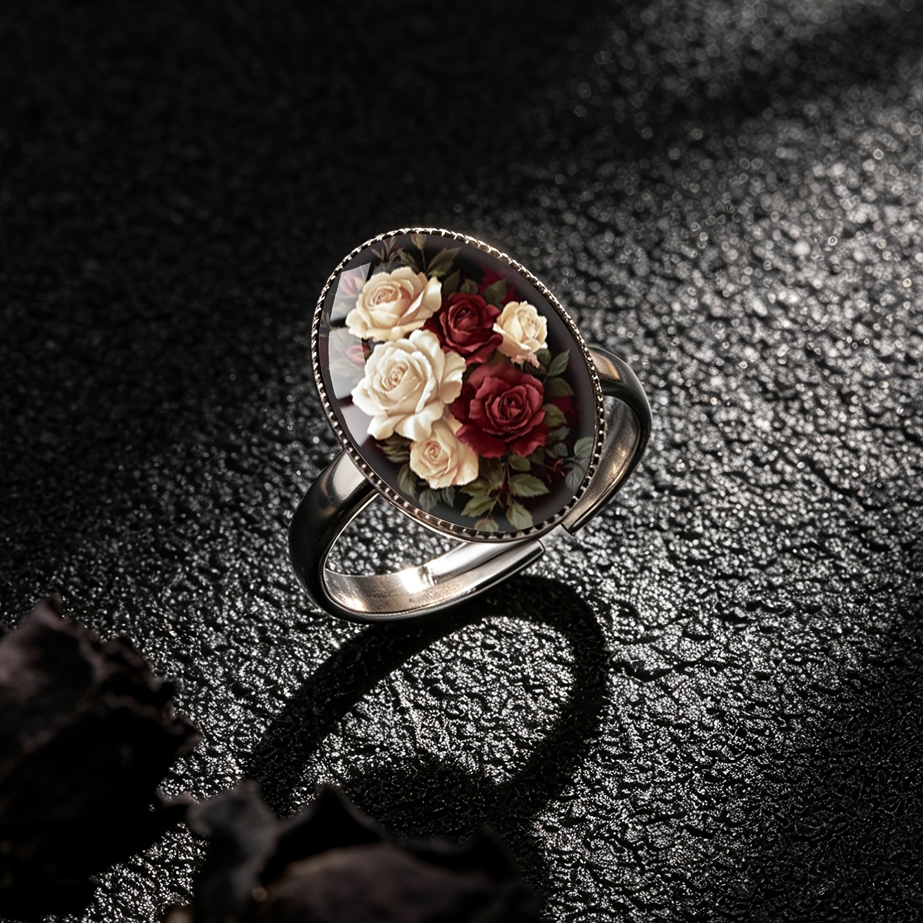 TEMU 1pc Elegant Retro Rose Bouquet Pattern With Convex Glass Steel Oval Round , Vintage Easy Style Suitable For Women' Gift Jewelry Ring